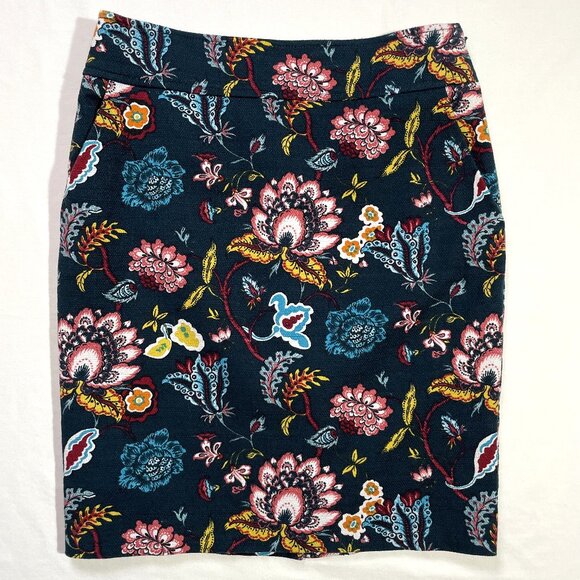 LOFT Blue Teal Floral Pencil Skirt Size 6 Cotton Stretch Lined Side Zip - Picture 3 of 12